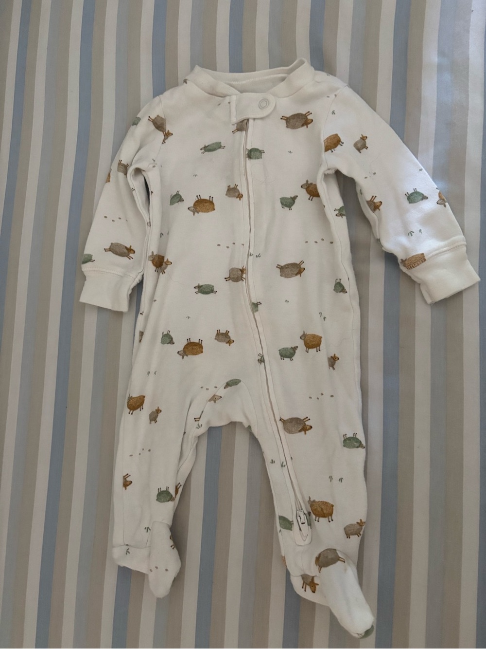 Carter’s White Baby Footie with Green, Gray, & Brown Sheep Print